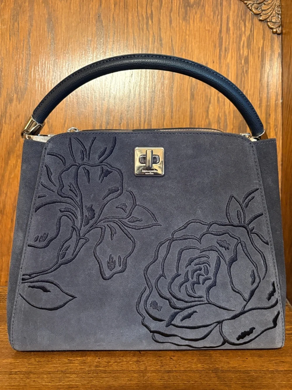 NWT-Kate Spade-Phoebe-Suede Embroidered-Medium Top Handle Bag-Blazer Blue-$459